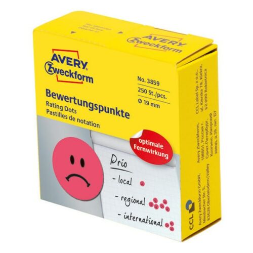 Etikett AVERY 3859 öntapadó jelölőpont adagoló dobozban szomorú arc mintás piros 19mm 250 jelölőpont/doboz