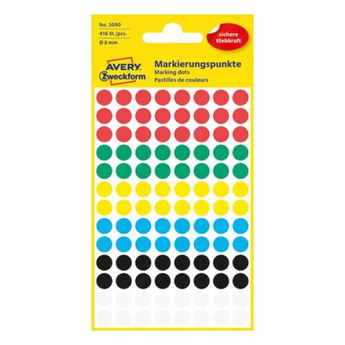 Etikett AVERY 3008 öntapadó jelölőpont vegyes 6 szín 8mm 416 jelölőpont/csomag