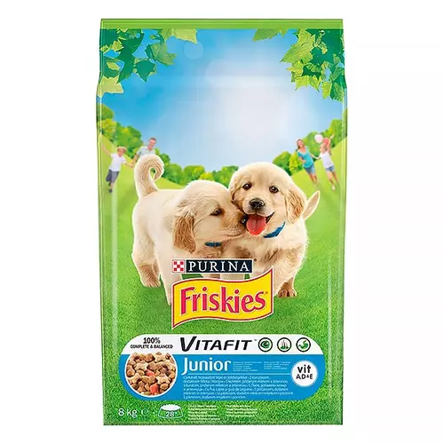 Állateledel száraz PURINA Friskies Vitafit Junior kutyáknak csirkehússal, zöldségekkel és tejjel 8kg