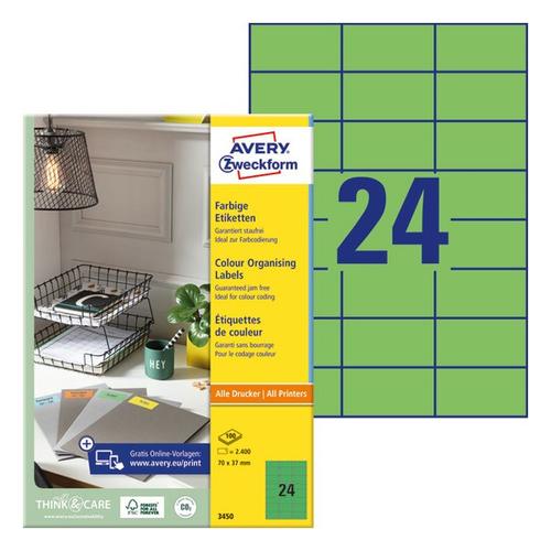 Etikett AVERY 3450 70x37mm univerzális zöld 2400 címke/doboz 100 ív/doboz