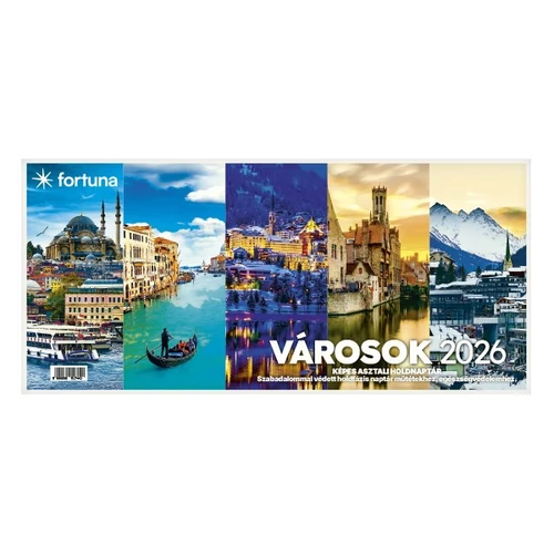 Asztali naptár képes FORTUNA Városok álló fehér lapos holdfázissal naptárháttal 2026.