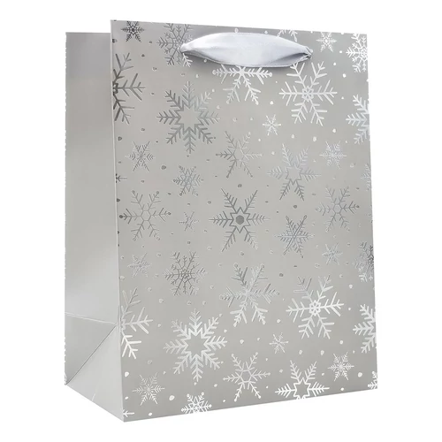 Dísztasak CREATIVE Deluxe Plus M 18x23x10 cm karácsonyi csillagos matt ezüst szalagfüles