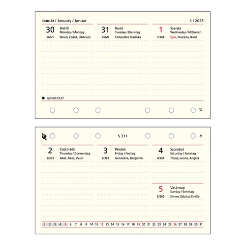 Gyűrűs kalendárium betét SATURNUS S311 heti sárga lapos 2026.