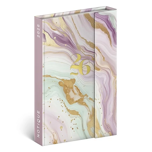 Határidőnapló mágnessel záródó REALSYSTEM 110x160mm heti sárga lapos Pink marble 2026.