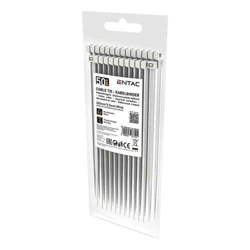 Kábelkötegelő-gyorskötöző ENTAC 200mm x 2,5mm fehér 50 darabos
