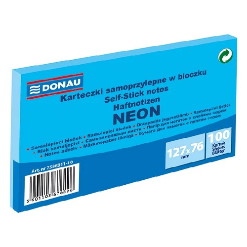 Öntapadós jegyzettömb DONAU 76x127 mm 100 lap neon kék