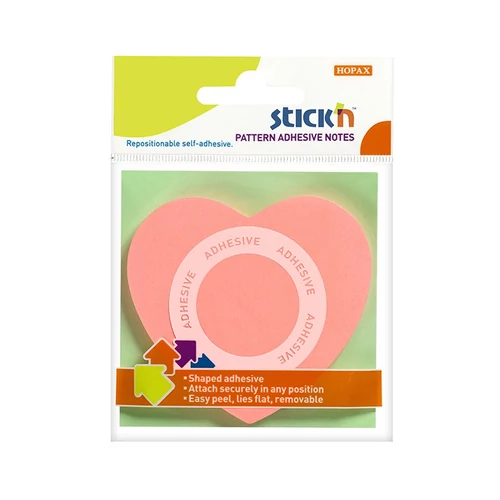 Öntapadós jegyzettömb STICK`N 70x70mm 360°-ban tapadó szív forma rózsaszín 50 lap